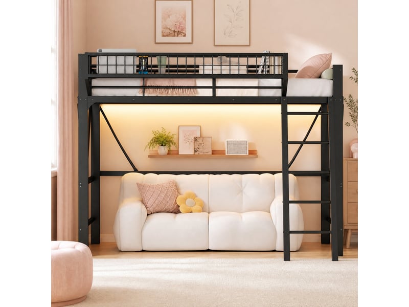  Lit mezzanine enfant simple 90×200 cm, led 7 couleurs et panier de rangement - okmyhome- noir, sans matelas  - Conforama C