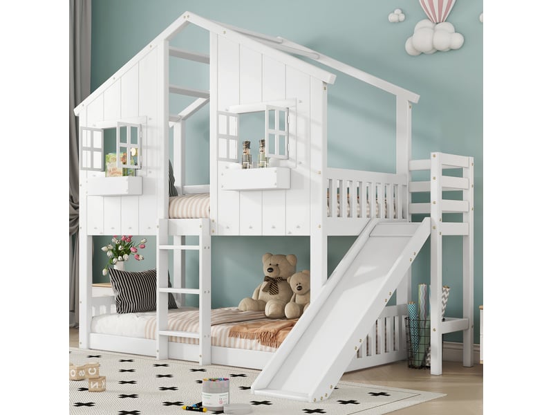  Lit superposé enfant avec toboggan, toit et fenêtres blanc 90 x 200 cm  - Conforama B