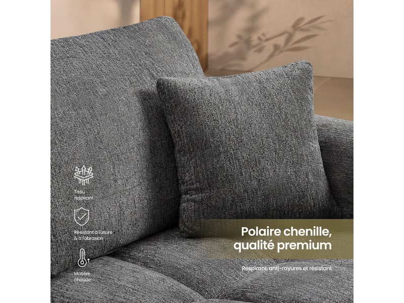 Ensemble canapé modulable d'angle 3 places avec pouf, canapé compressé en tissu chenille pour salon, gris - Conforama E