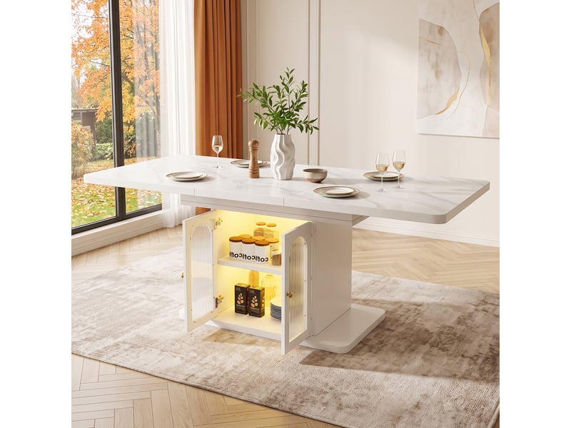  Table de salle à manger extensible avec rangements et éclairage led, pour 6 à 8 personnes, style scandinave, blanc, en mdf  - Conforama D