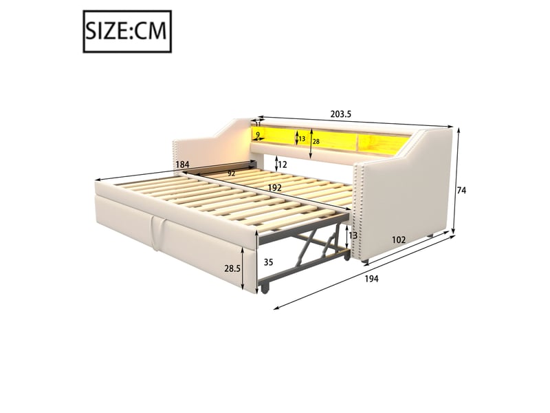  Modenvie canapé-lit gigogne 90x190180x190 cm - avec led, port usb et sommier inclus - beige  - Conforama C