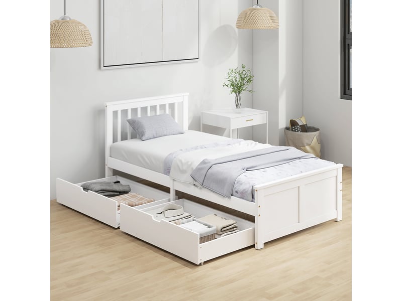  Cadre de lit simple 90x200 en bois blanc avec 2 tiroirs, lattes intégrées  - Conforama D