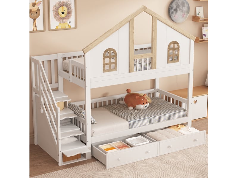  Lit superposé enfant modenvie 90 x 200 cm avec escalier de rangement blanc et bois naturel  - Conforama B