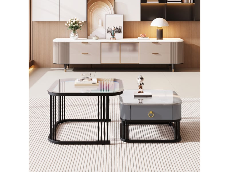  Table basse empilable – effet marbre brillant, plateau verre, pieds noirs, tiroirs – set de 2  - Conforama D
