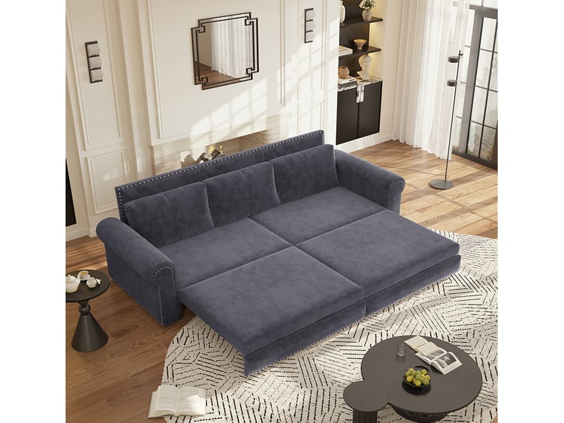  Canapé-lit 3 places convertible 238x90x98 cm – gris – coulissant 3-en-1, velours et accoudoirs roulés  - Conforama C