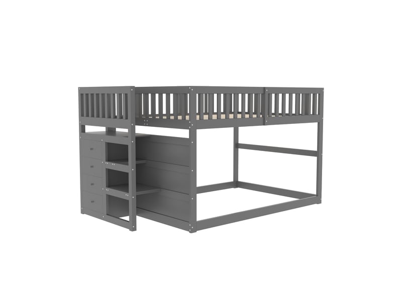  Lit superposé bas 140x200, lit enfant en bois gris avec barrière de sécurité haute. Lit superposé sécurisé avec escalier et tiroirs.  - Conforama C