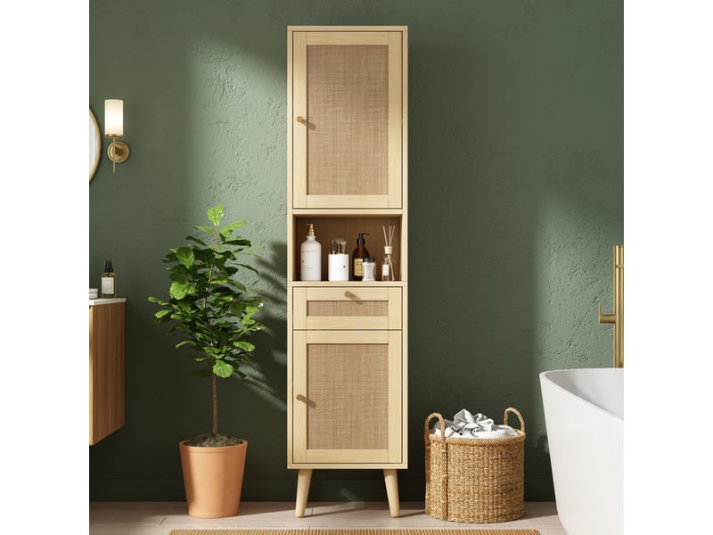  Meuble de salle de bain - 40x30x166cm - meuble haut en cannage rotin avec 2 portes réversibles, tiroir &amp; niches - bois naturel  - Conforama B