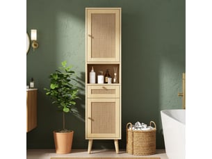 Meuble de salle de bain - 40x30x166cm - meuble haut en cannage rotin avec 2 portes réversibles, tiroir & niches - bois naturel