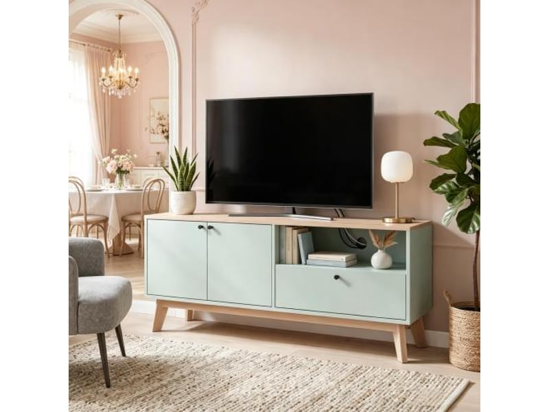  Meuble tv 120 cm – télé jusqu’à 36 pouces, 2 portes, 1 tiroir et étagère ouverte, rangement pratique  - Conforama E
