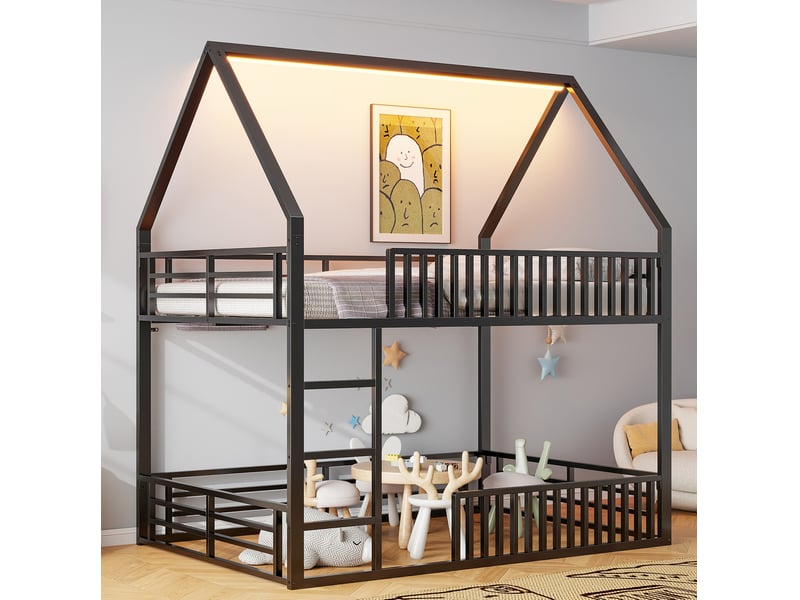 Lit enfant 140x200 garde-corps clôture led 7 couleurs métal robuste montage facile noir 1 sommier sans matelas  - Conforama B