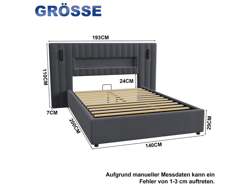  Lit coffre 140x200 cm, lit adulte double avec led et usb, métal et bois, gris (sans matelas)  - Conforama C