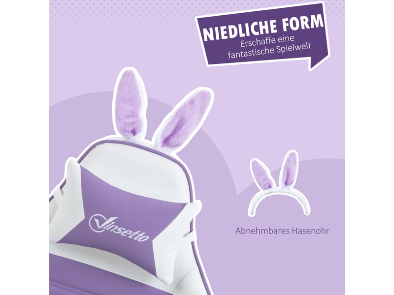  Chaise de jeu ergonomique avec soutien lombaire, repose-pieds, oreilles de lapin, appui-tête, violette  - Conforama E