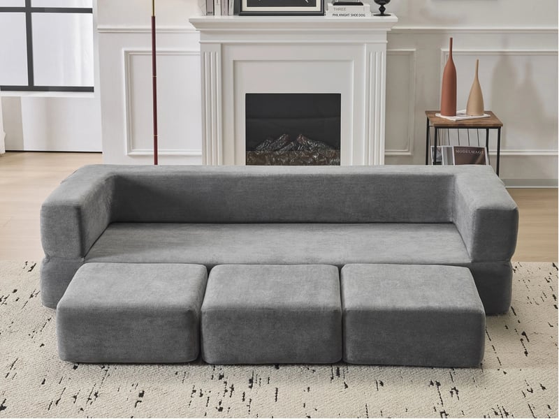  Canapé droit convertible ,2 places ,avec 3 repose-pieds,aucun assemblage requis,201 x 75 x 50 cm,gris  - Conforama B