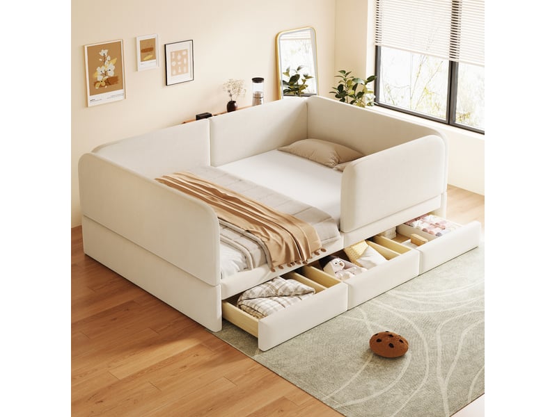  Lit enfant rembourré tcqpz 140 x 200 cm avec contour arrondi, 3 tiroirs de rangement, velours beige  - Conforama B