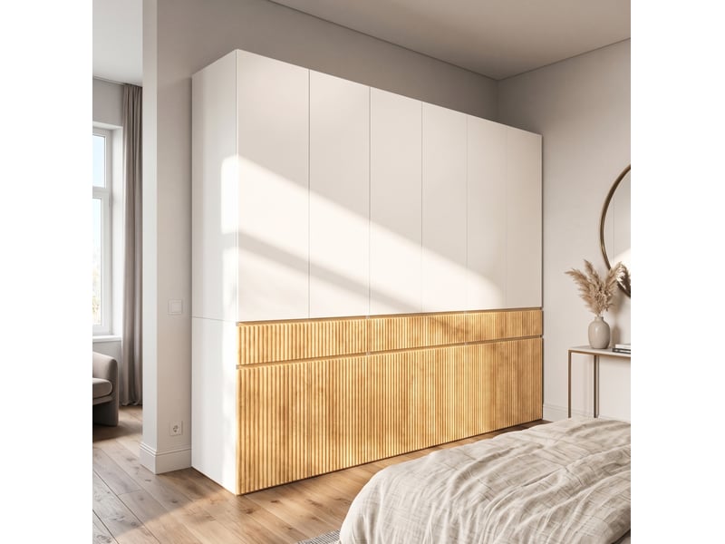  Armoire à 12 portes battantes, 3 penderies et 3 tiroirs, chêne clair et gris, 270 x 50 x 200 cm  - Conforama B