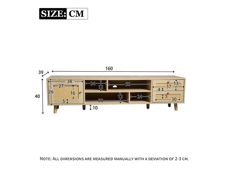  Meuble tv 160 cm en panneaux de particules et rotin, 2 tiroirs, chêne clair  - Conforama C