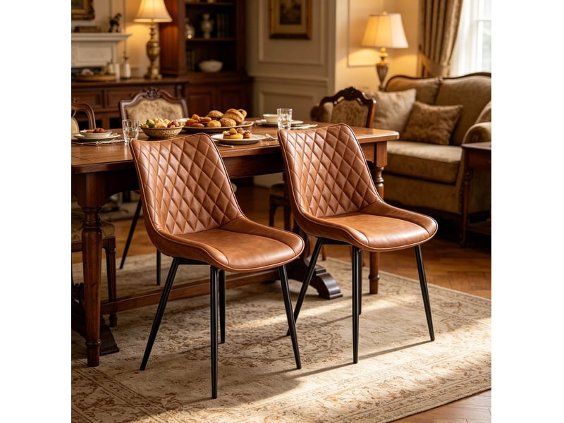 Lot de 2 chaises de salle à manger en similicuir marron clair, pieds métal - Conforama D
