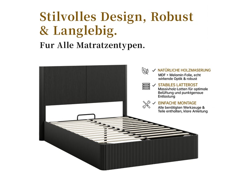  Lit double à vérins 140 x 200 cm, cadre de lit adulte avec sommier lattes, noir, lit double rembourré  - Conforama W