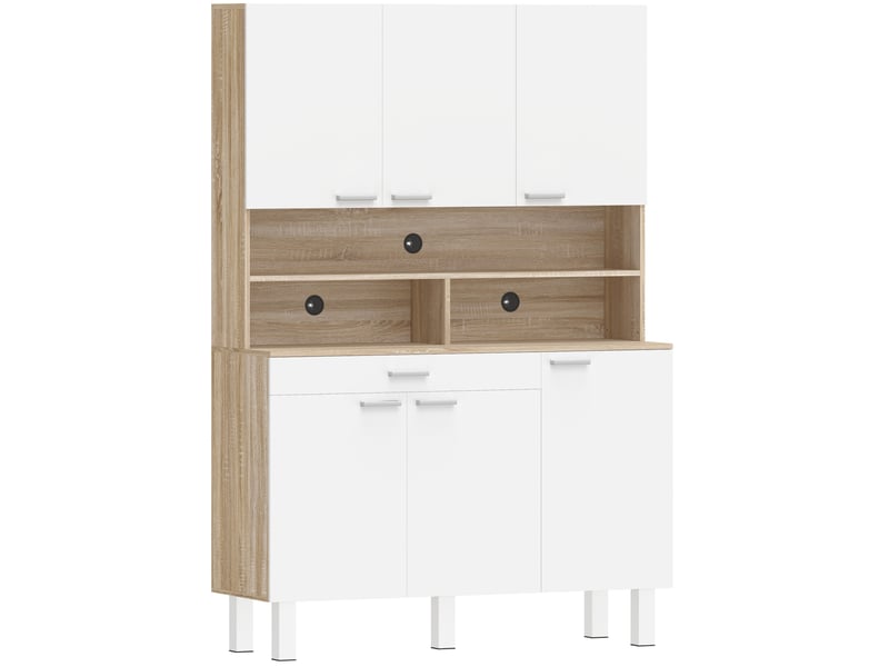  Buffet de cuisine modenvie 120 x 40 x 175 cm blanc et naturel, 6 portes, tiroir, niches ouvertes, pieds métalliques  - Conforama A