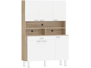Buffet de cuisine modenvie 120 x 40 x 175 cm blanc et naturel, 6 portes, tiroir, niches ouvertes, pieds métalliques