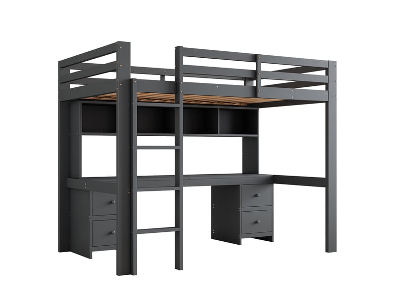  Lit superposé 90x200 cm avec bureau et rangements gris pin massif échelle et garde-corps inclus Sol Morn - Conforama A