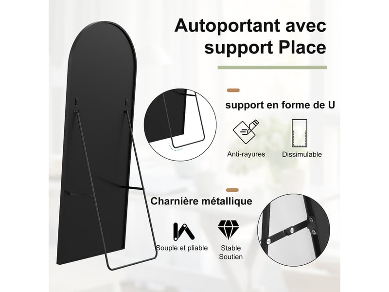  Miroir pleine longueur arqué 164 x 54 cm miroir mural salon avec cadre en aluminium, verre trempé  - Conforama R
