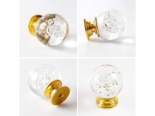 Ensemble de 6 poignées en cristal bulle avec base dorée de 30 mm, poignées pour commodes, cuisine et dressings