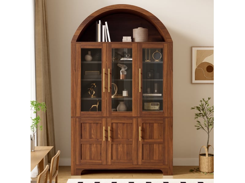  Buffet haut de rangement moderne 110x40x185 cm, niche ouverte en arche, 3 portes vitrées et 3 portes, en mdf, noyer  - Conforama B