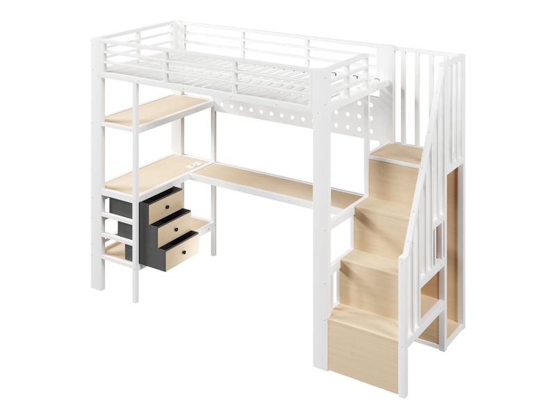 Lit mezzanine métal blanc 90x200 cm avec bureau led tiroir panneau perforé prise - Conforama D