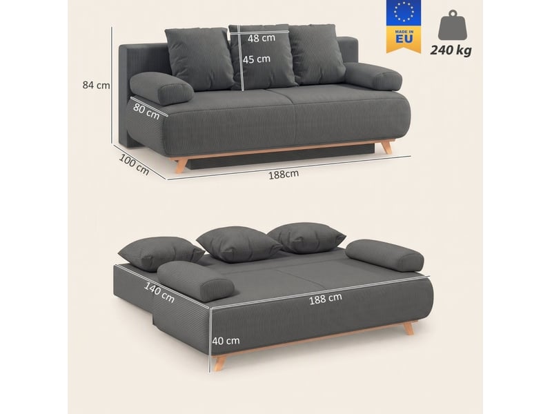 Canapé-lit tcqpz 3 places convertible avec dossier réglable et rangement 188 x 100 x 84 cm velours côtelé gris - Conforama C