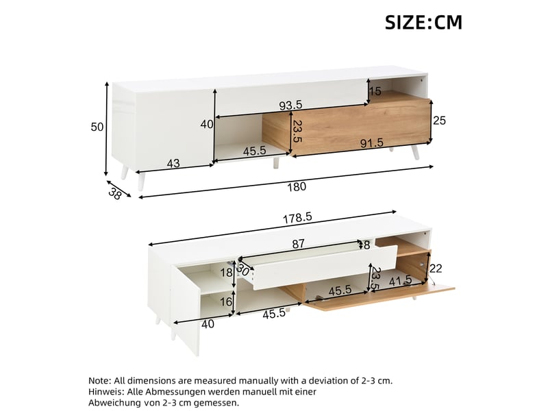  Meuble tv 180x38x50 cm – blanc et bois naturel – rangements intégrés pour écran jusqu'à 75 pouces  - Conforama C