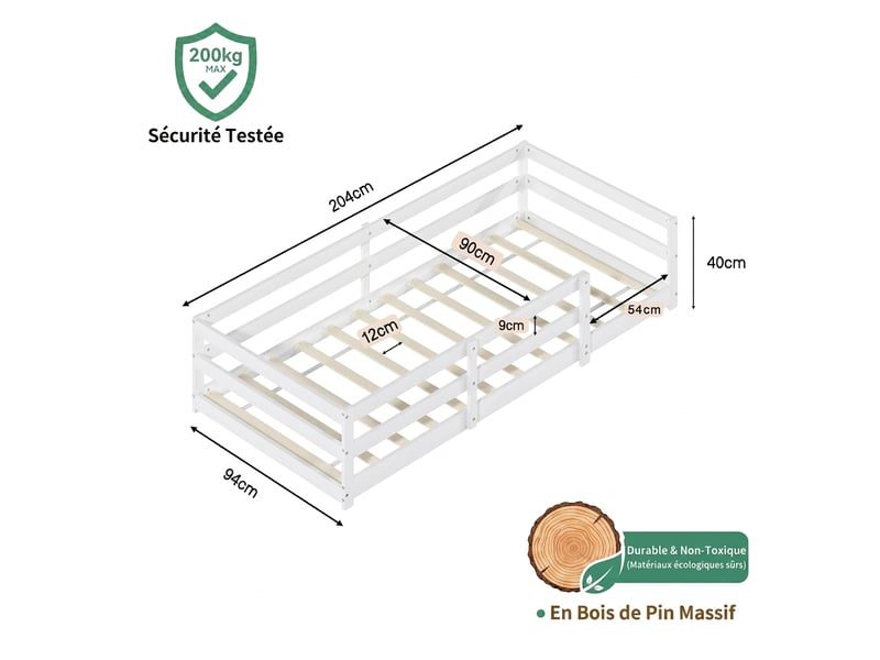  Lit montessori 90x200 cm au sol avec barrière - bois massif blanc sommier inclus  - Conforama C