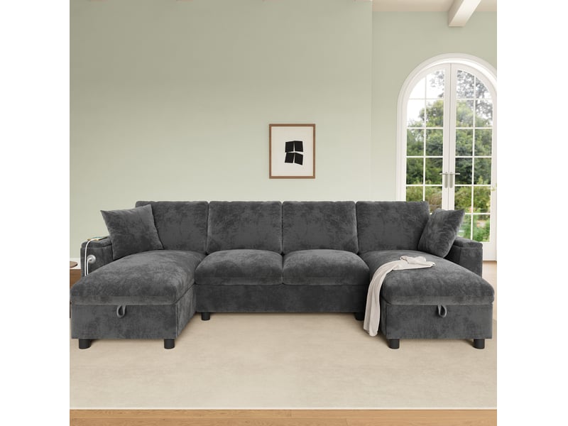 Canapé en u modenvie 4 places en chenille gris avec deux méridiennes, rangement et 1 port usb et 1 port type c, 279 x 135 x 84 cm - Conforama E