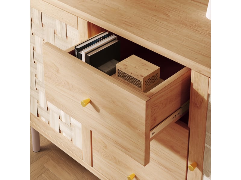  Buffet 2 portes 3 tiroirs en mdf et métal 120 cm coloris chêne  - Conforama R