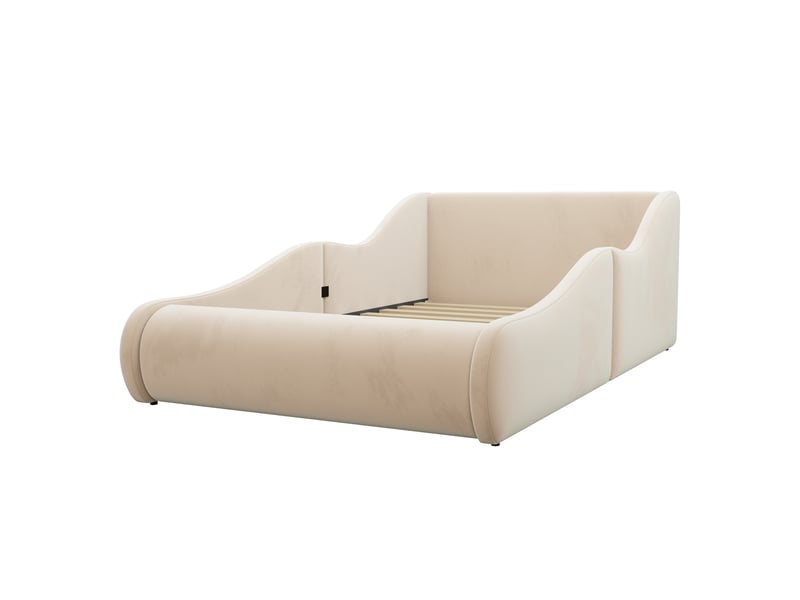  Lit enfant rembourré avec barrières 90x200 cm, tête de lit haute, cadre enveloppant, couchage encastré, velours beige Radiant Stride - Conforama E