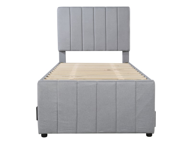  Lit enfant gigogne 90x200 cm en tissu gris, lit 90x190 et 3 tiroirs de rangement, sommier à lattes  - Conforama A