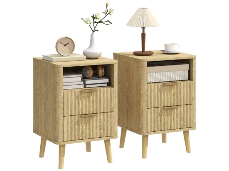  Lot de 2 tables de chevet, tables de nuit avec 2 tiroirs et compartiment ouvert, coins arrondis, 40 x 40 x 61 cm, chêne  - Conforama A