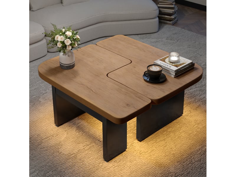  Table basse 2-en-1 90x60x44.5 cm en mdf, led, 2 tiroirs, effet bois naturel et noir  - Conforama E