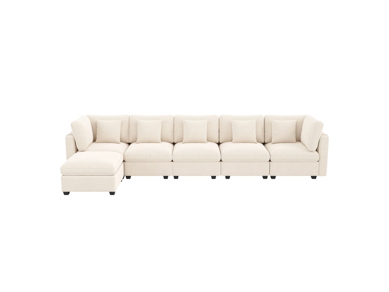 Canapé d'angle modulable xxl 6-7 places avec fonction convertible, pouf de rangement et 5 coussins, chenille beige - Conforama A