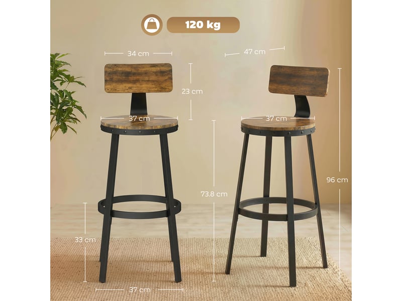  Lot de 2 tabourets de bar rustiques avec repose-pieds, bois et métal, 37 x 47 x 96 cm, marron  - Conforama E