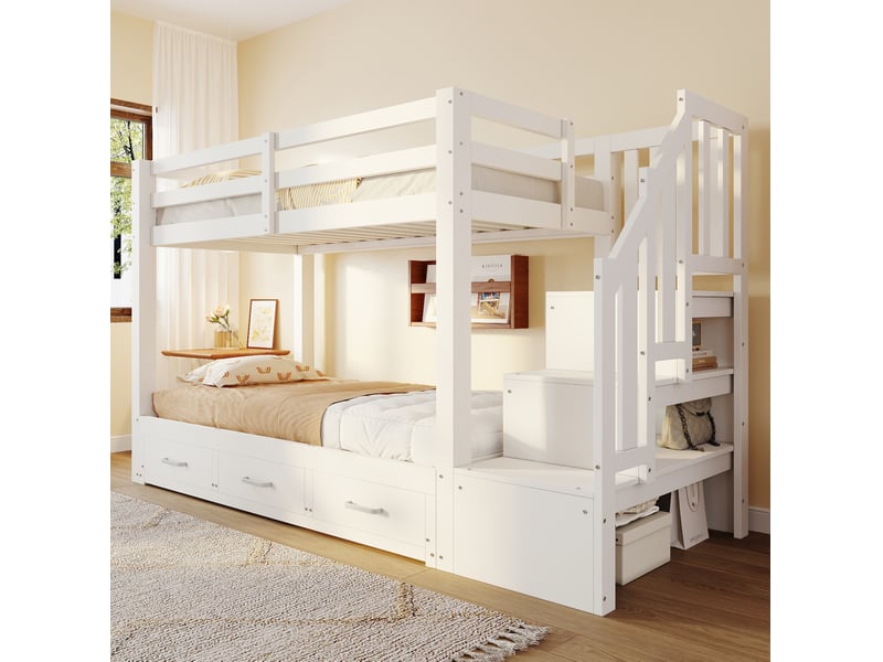 Lit superposé 90 x 200 cm avec lit gigogne 180 x 190 cm, escalier de rangement, 3 tiroirs, bois, blanc sans matelas - Conforama D