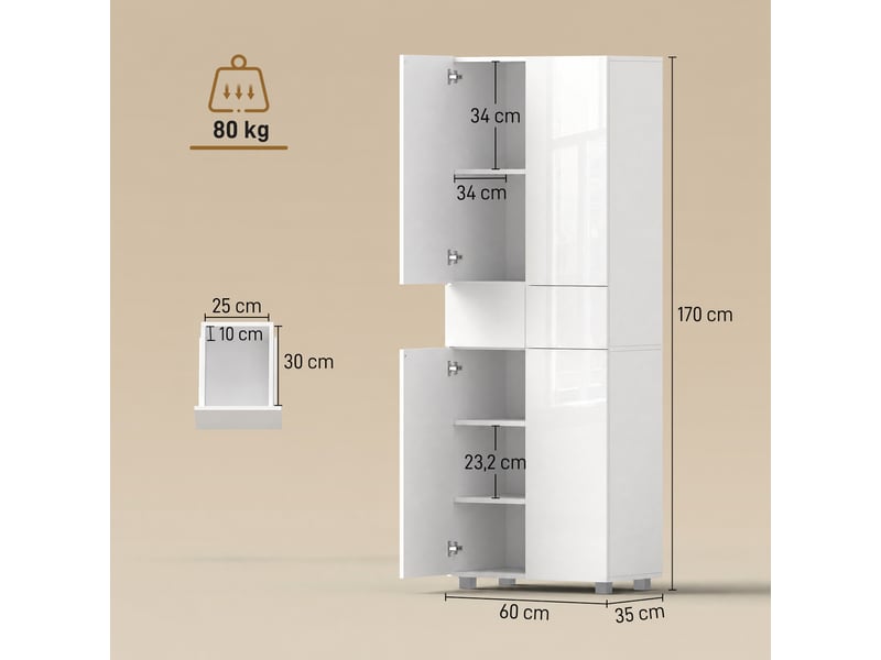  Armoire de cuisine meuble de rangement buffet 4 portes avec étagères réglables - dim. 60l x 35l x 170h cm laqué blanc  - Conforama C