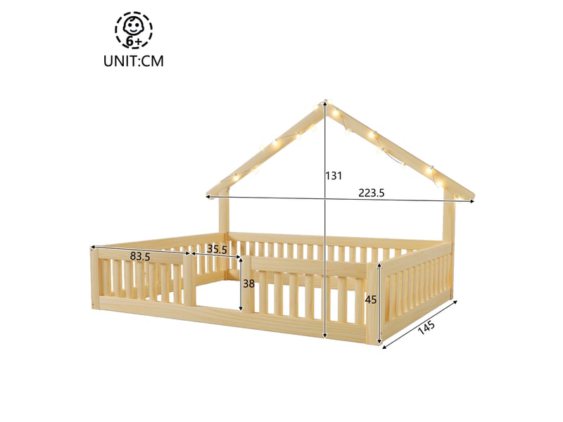  Lit cabane enfant 140x200 cm – naturel – barrières de sécurité et guirlande led à interrupteur - sans matelas  - Conforama C