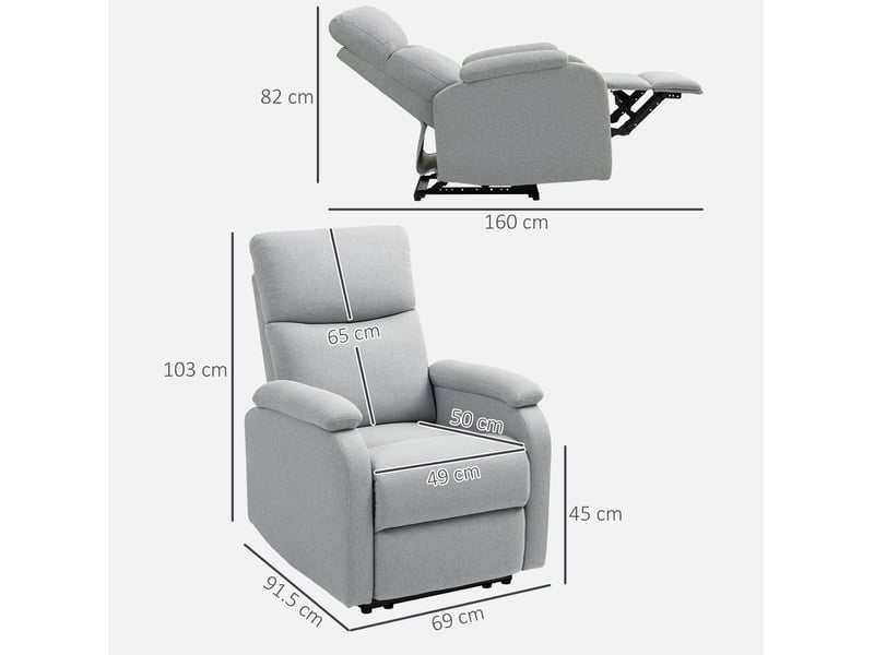 Fauteuil relax avec dossier inclinable et repose-pieds manuel, en polyester gris pour salon, charge 150 kg - Conforama C