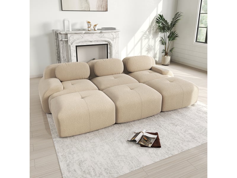  Canapé modulable, canapé 3 places, en velours tricoté, beige, sans montage, sans structure, home cinéma, pour salon  - Conforama A