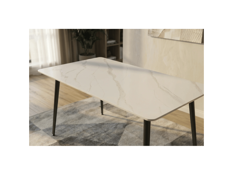 Table de salle à manger hexa 140 cm en céramique effet marbre blanc et métal noir – 6 places - Conforama E