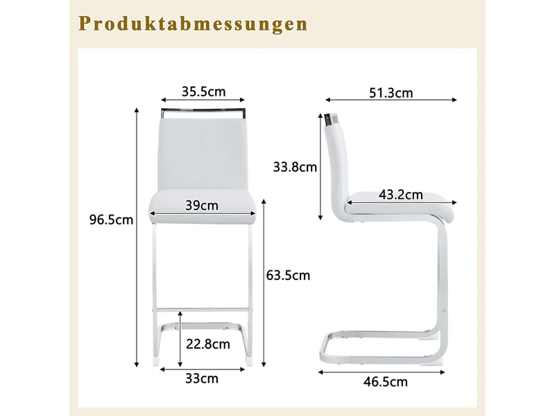  Lot de 2 tabourets de bar blancs, pu, piètement argenté, style nordique, hauteur 96,5cm  - Conforama D