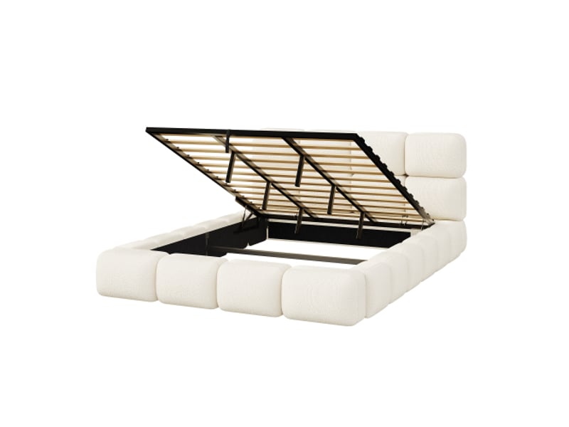  Lit double 180x200 cm – lit hydraulique avec rangement intégré – tête de lit capitonnée blanc bouclé – design bubble  - Conforama A