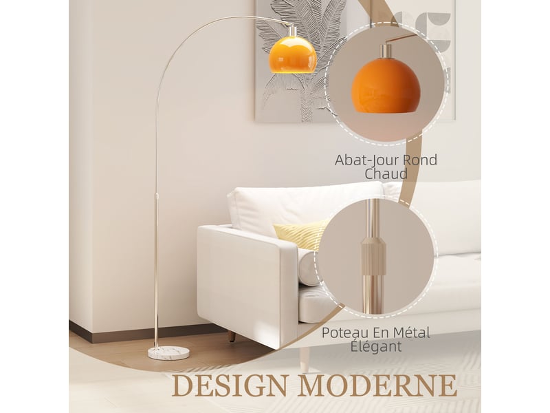  Lampadaire salon orange à arc courbé, base en marbre et interrupteur au pied, éclairage e27 pour séjour ou chambre  - Conforama D