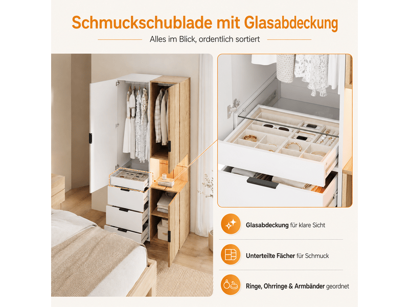  Armoire penderie avec éclairage led 90x49x200 cm - 4 tiroirs dont 1 à bijoux - blanche et chêne  - Conforama E